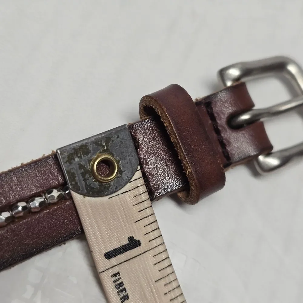 American Eagle Outfitters AEO Brown Genuine Leather Silver Beaded Skinny Belt XS